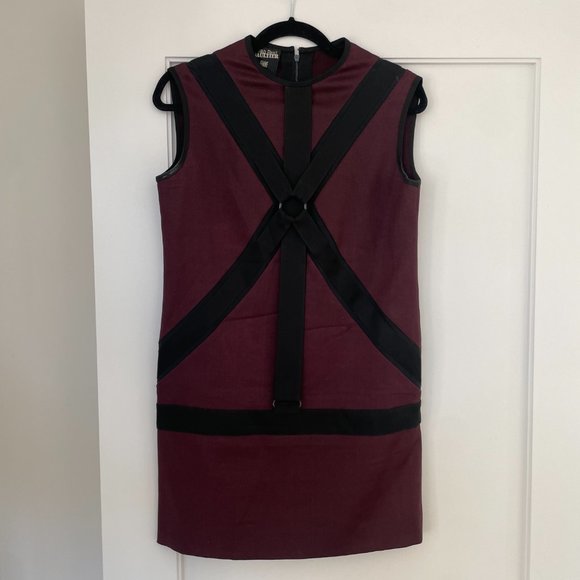 Jean Paul Gaultier JPG Sleeveless Mini Dress Maroon Wool Harness Front Sz 6 - Picture 1 of 11